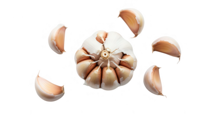  Garlic Bulb with Cloves, Isolated. A whole garlic bulb with several cloves detached. The bulb is mostly white with some light brown hues, and the cloves have similar coloration.