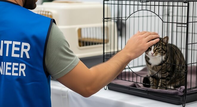 Kind volunteer gently pets distressed cat inside metal crate, offering comfort and care at an animal shelter event