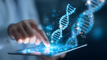 Scientist's hand interacting with a digital tablet displaying a glowing DNA helix, symbolizing futuristic genetic research and biotechnology innovation.