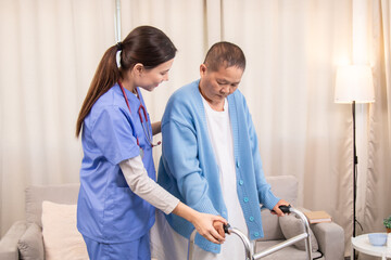Obraz premium Elderly and caregiver at home rehabilitation, mobility training uses walker, guidance builds confidence for injury, aging wellness recovery session, senior patient happy with caregiver in nursing home