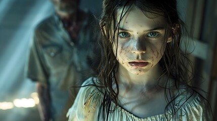 Tense Cinematic Scene of Girl with Ominous Killer Behind – Dramatic Suspense Thriller Imagery