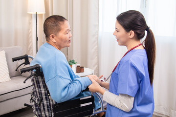 Elderly and caregiver, nurse support smile through physiotherapy walking exercise, medical...