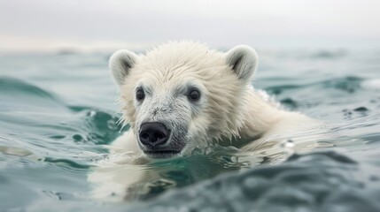 Fototapeta premium Captivating close-up of a young polar bear swimming in the arctic waters