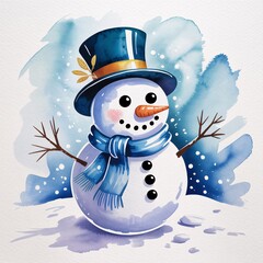 Snowman in Watercolor: A charming snowman illustration, complete with a top hat, scarf, and carrot nose, stands amidst delicate watercolor washes. Capturing the spirit of winter.