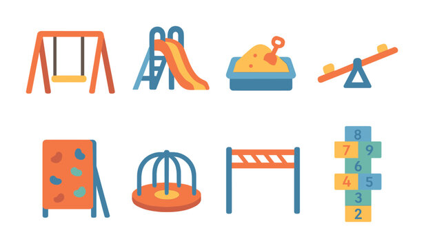 Playground Fun Icons. Flat vector mini-illustrations playground activities in colors children's illustrations: