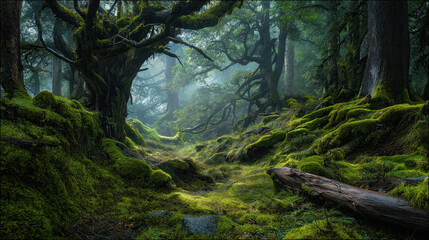 Ancient forest with moss-covered trees and fallen logs, mystical lighting