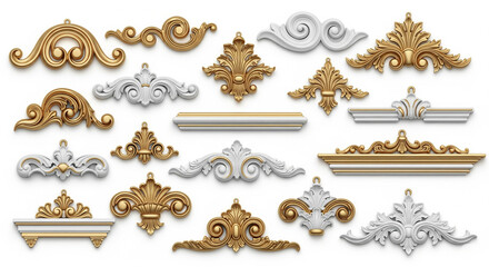 Assortment of decorative gold and white architectural ornaments arranged on a white background surface
