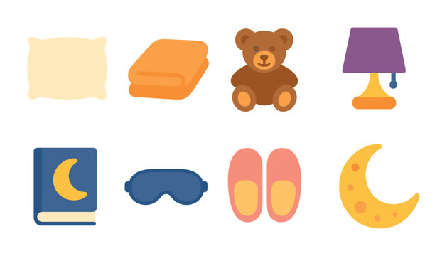 Children's Bedtime Essentials. Flat vector mini-illustrations bedtime essentials in colors children's