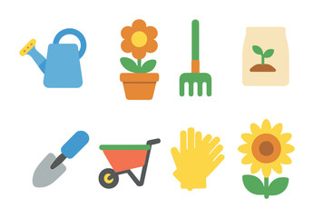 Children's Gardening Tools. Flat vector mini-illustrations gardening day in colors children's illustrations: