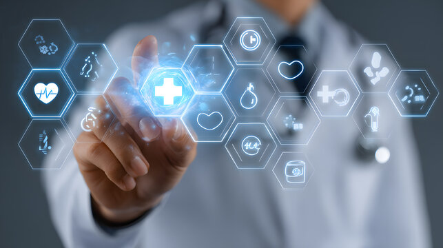 Doctor's hand touching a glowing medical cross on a futuristic digital screen. Concept of healthcare innovation, modern technology, and virtual medical services.