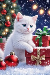 Obraz premium A cute white kitten playing with Christmas gifts surrounded by festive decorations and snow.