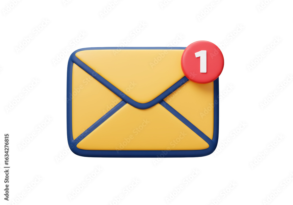 Poster isolated yellow email envelope with notification number one