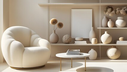 Obraz premium Cozy and stylish living room with plush armchair and decorative shelves filled with vases