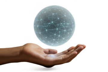 Hand holding digital global network sphere on transparent background