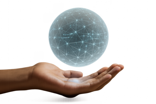 Hand holding digital global network sphere on transparent background