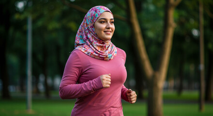 Smiling Muslim woman jogging in park, wearing pink athletic wear and patterned hijab.