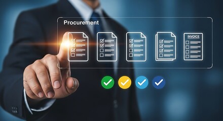 Business professional uses digital interface to manage procurement process, confirming tasks with virtual checkmarks for efficiency and success.