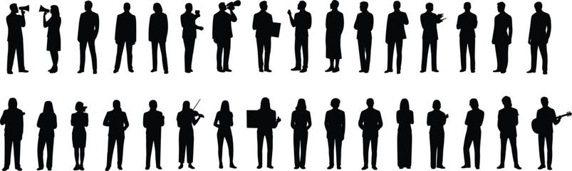 Silhouettes of diverse individuals in dynamic poses with megaphones, musical instruments, signs, communication, performance, activism, creativity, expression, and community engagement