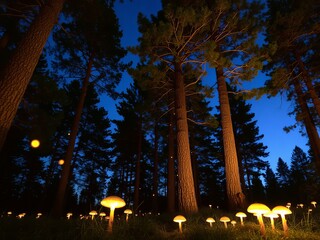 Illuminated mushrooms in a forest at night with tall trees and a dark blue sky above them