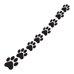 A black and white illustration of a line of dog paw prints against a white background. 