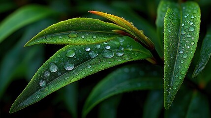Iridescent Dew Metropolis: Multi-Colored Droplets on Gradient Leaves Featuring Coral New Growth for Cosmetic Photography