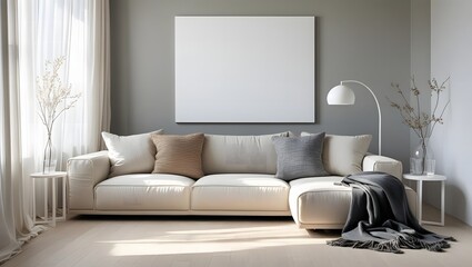 Modern living room with comfortable sectional sofa blank wall art and elegant floor lamp