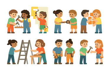 Teamwork Home Improvement Icons. Flat vector mini-illustrations home improvement as a team in colors