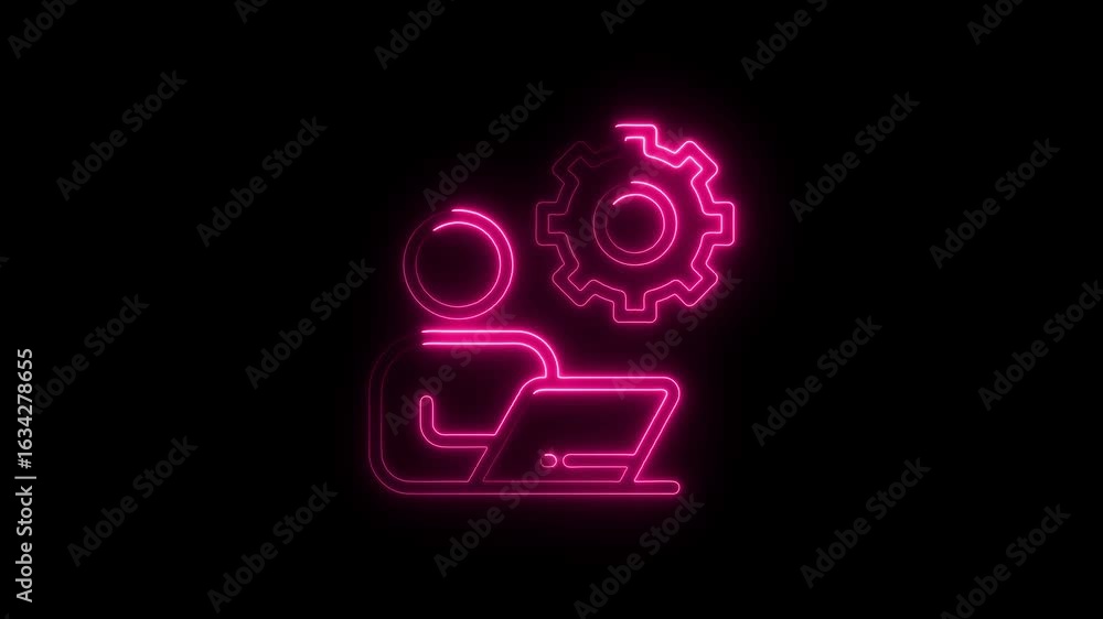 Poster neon tech support icon animation digital workflow concept glowing pink outline person working on lap