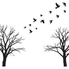 A black and white minimalist illustration of two bare trees with intricate branch patterns against a white background. 