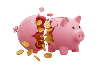 Isolated Broken Pink Piggy Bank with Flying Gold Coins