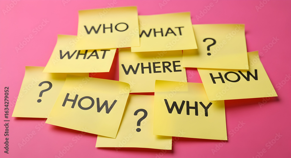 Poster yellow sticky notes with questions who what where when why and how on pink background
