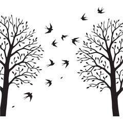 A black and white minimalist illustration of two bare trees with intricate branch patterns against a white background. 
