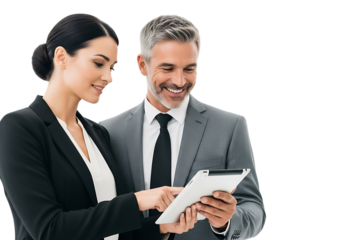 Two business people are using a tablet to review a document in the office while working together isolated on transparent background