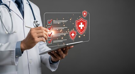 Doctor analyzing digital health checklist with protective shield icons, symbolizing patient care and data security in modern medicine.