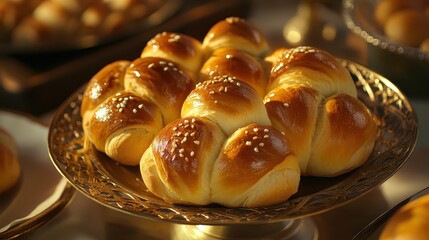 Freshly Baked Sweet Bread Rolls on Ornate Serving Platter