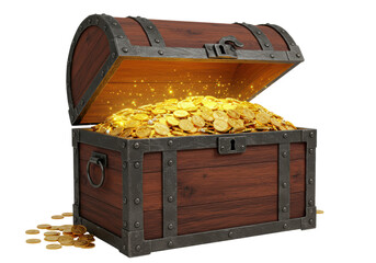 Isolated Treasure Chest Overflowing with Gold Coins and Sparkling Light