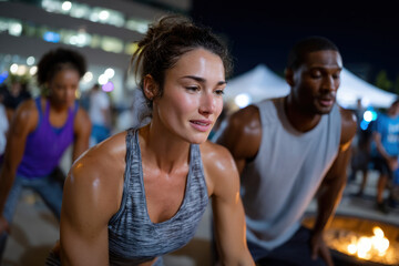A disciplined group of dedicated athletes engages in an intense training session outdoors, showcasing strength, determination, and the relentless pursuit of fitness under the night sky.