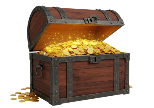 Isolated Treasure Chest Overflowing with Gold Coins and Sparkling Light