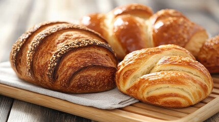 Freshly Baked Variety of Artisan Bread on Wooden Cutting Board