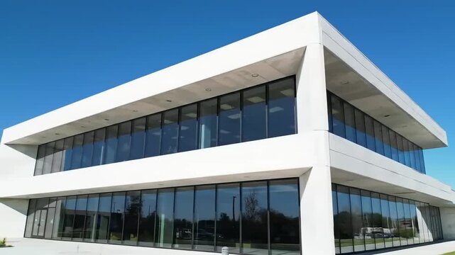 Modern architectural office building with large glass windows under a clear blue sky