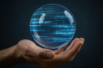Hand Holding Digital Sphere with Binary Code