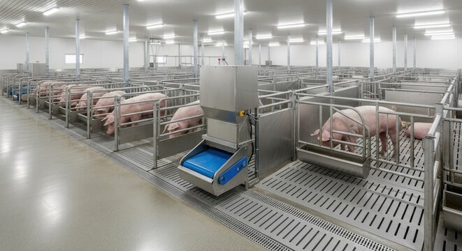 Modern Pig Husbandry: Automated Feeding in a Clean, Well-Lit Swine Facility