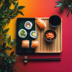 colorful Japanese lunch flatlay, transparent PNG, aesthetic layout