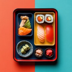 colorful Japanese lunch flatlay, transparent PNG, aesthetic layout