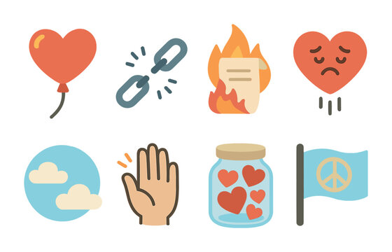 Letting Go Icons. Flat vector mini-illustrations Letting go of grudges in colors children's illustrations: