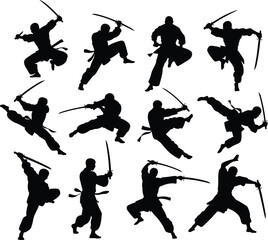 Silhouettes of martial artists wielding swords in dynamic jumps, kicks, strikes, and stances, showcasing agility, precision, strength, and combat artistry
