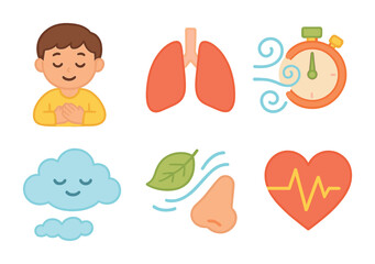 Mindful Breathing Illustrations. Flat vector mini-illustrations Mindful breathing exercises in colors children