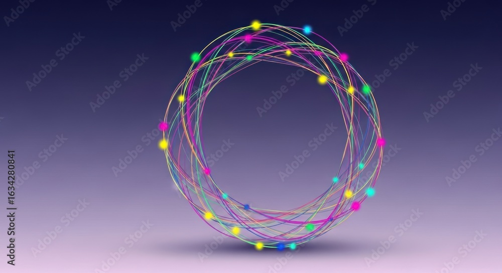 Poster abstract ring with colorful lines and glowing dots on a gradient background