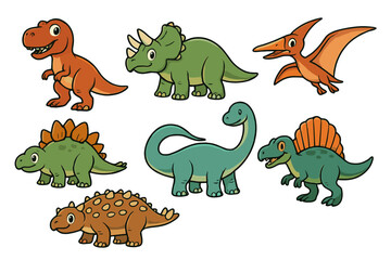 Naklejka premium Cute cartoon dinosaurs vector illustration t rex triceratops stegosaurus and other prehistoric animals set on transparent background