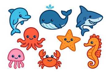 Cute ocean animals vector illustration featuring dolphin whale shark octopus starfish seahorse crab jellyfish on transparent background